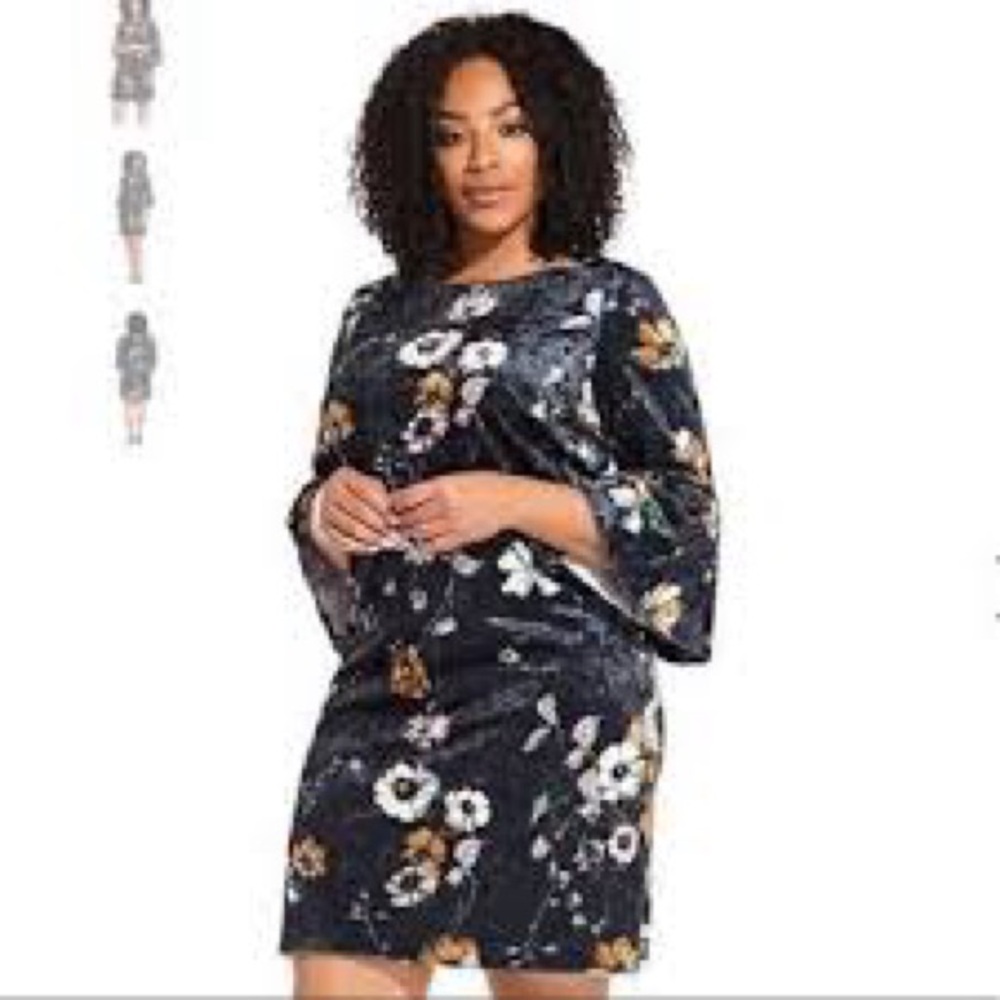 ADRIANNA PEPELL Serene Garden Black Floral Crushed Velvet Bell Sleeve Dress SZ-4